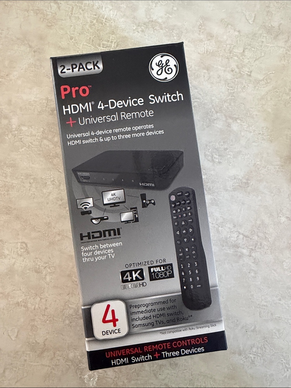 GE Pro HDMI 4-Device Switch with Universal Remote - Black